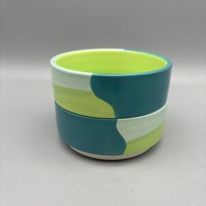 Top-Paw Blue-Green Ceramic Pet Bowl Rubber Grip Dishwasher Safe 4" Set Of 2